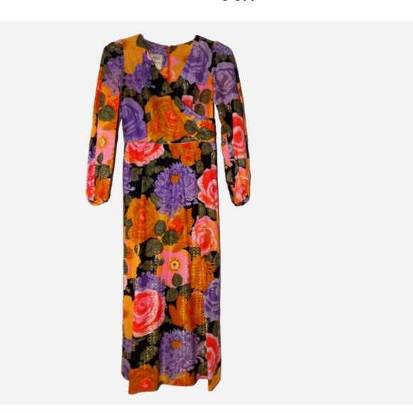 VINTAGE Alice of California Bright Floral Wrap Maxi Dress Gown Metallic Gold - Picture 6 of 7